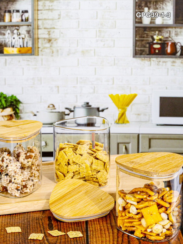Glass Storage Jar with Wooden Lid Set of 3pcs
