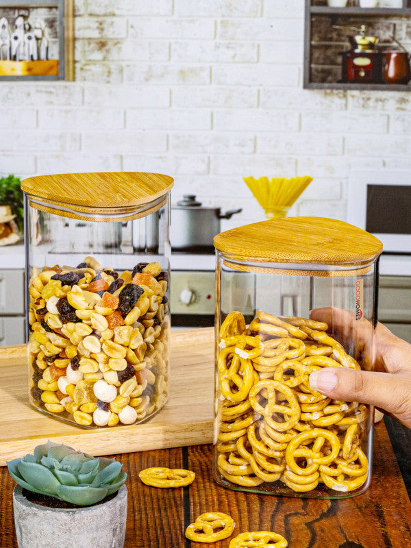 Glass Storage Jar with Wooden Lid Set of 2pcs