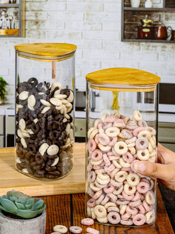 Glass Storage Jar with Wooden Lid Set of 2pcs