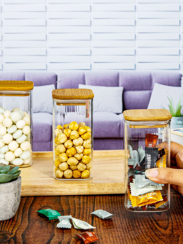 Glass Storage Jar with Wooden Lid Set of 3pcs