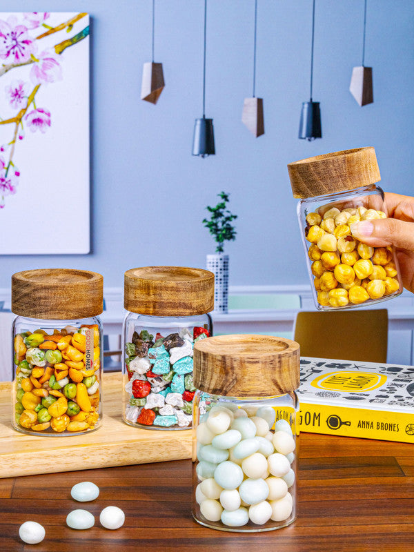 Glass Storage Jar with Wooden Lid Set of 4pcs