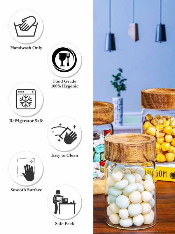 Glass Storage Jar with Wooden Lid Set of 4pcs