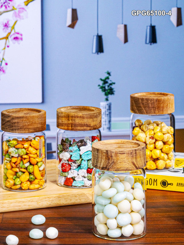 Glass Storage Jar with Wooden Lid Set of 4pcs