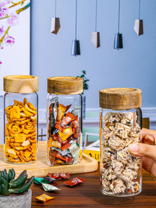 Glass Storage Jar with Wooden Lid Set of 3pcs