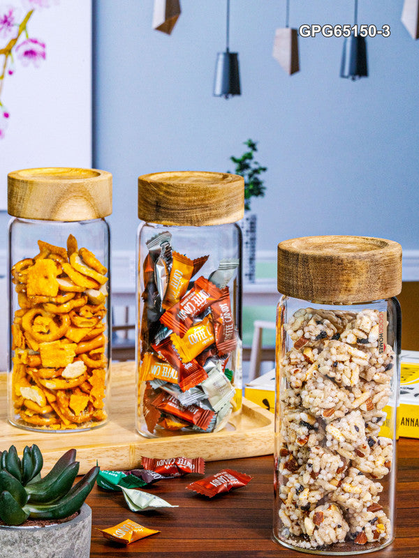 Glass Storage Jar with Wooden Lid Set of 3pcs