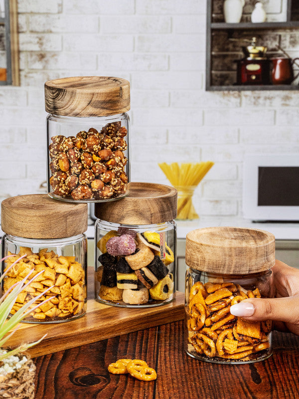 Clear Glass Storage Jar Set With Wooden Lid of 4pcs