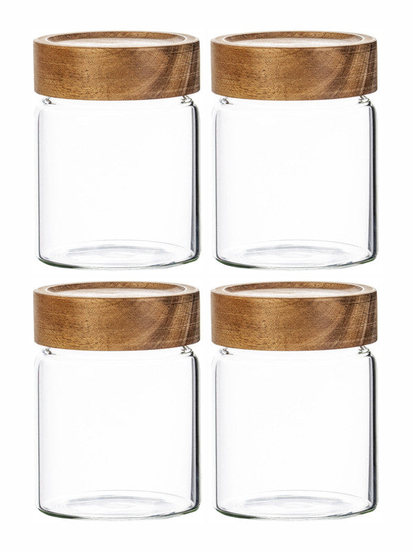 Clear Glass Storage Jar Set With Wooden Lid of 4pcs