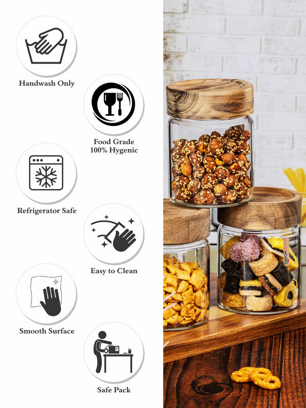 Clear Glass Storage Jar Set With Wooden Lid of 4pcs