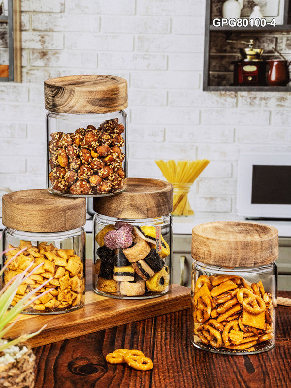 Clear Glass Storage Jar Set With Wooden Lid of 4pcs