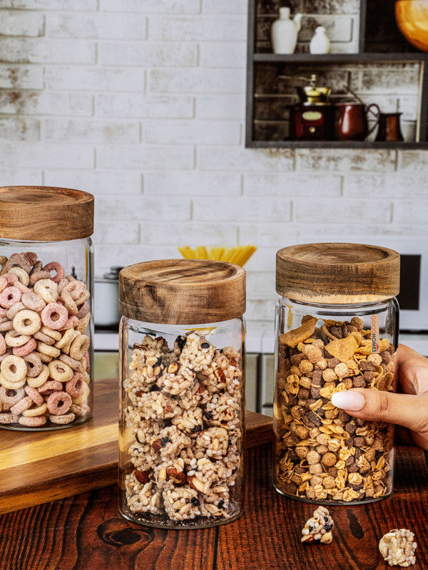 Clear Glass Storage Jar Set With Wooden Lid of 3pcs