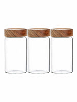 Clear Glass Storage Jar Set With Wooden Lid of 3pcs
