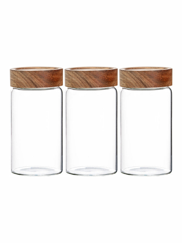 Clear Glass Storage Jar Set With Wooden Lid of 3pcs