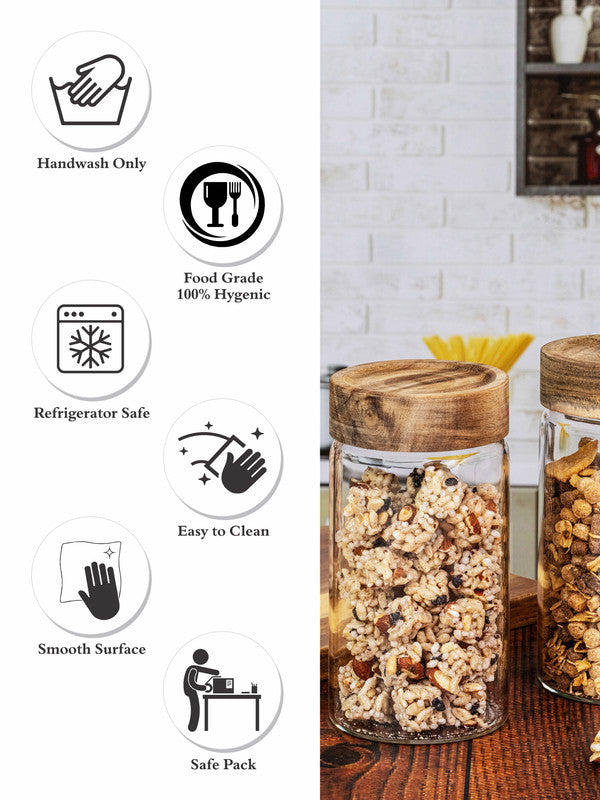 Clear Glass Storage Jar Set With Wooden Lid of 3pcs