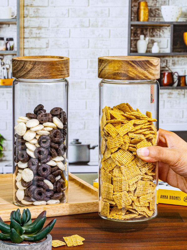 Glass Storage Jar with Wooden Lid Set of 2pcs