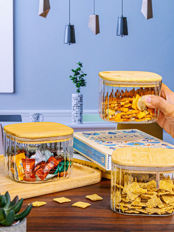 Glass Storage Jar with Wooden Lid Set of 3pcs