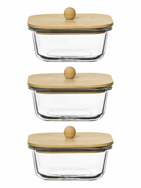 Glass Storage Bowl with Wooden Lid Set of 3pcs