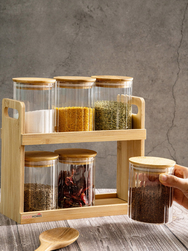 Glass Storage Jar Set of 7pcs with Wooden Lid & Rack