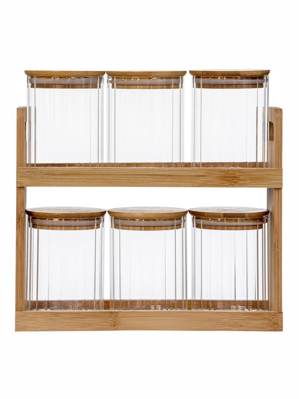 Glass Storage Jar Set of 7pcs with Wooden Lid & Rack