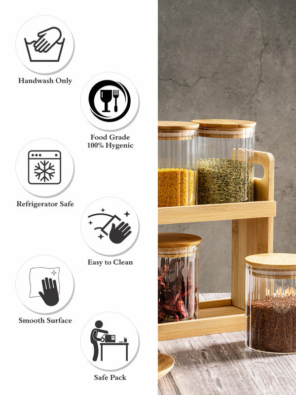 Glass Storage Jar Set of 7pcs with Wooden Lid & Rack