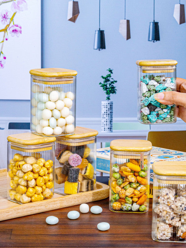 Glass Storage Jar with Wooden Lid Set of 6pcs