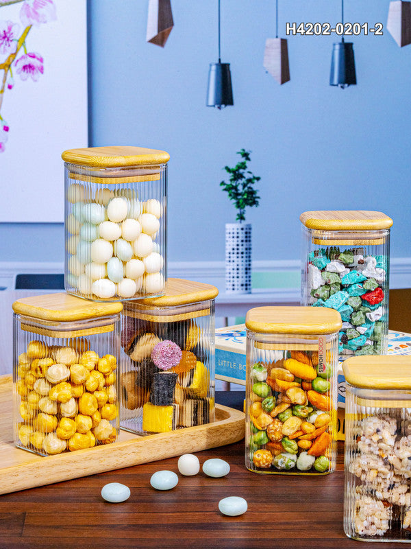 Glass Storage Jar with Wooden Lid Set of 6pcs