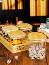 Serving Glass Jar with Wooden Lid & Tray Set of 5pcs
