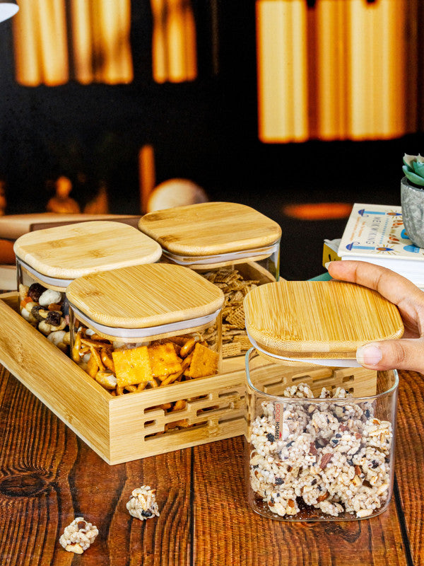 Serving Glass Jar with Wooden Lid & Tray Set of 5pcs