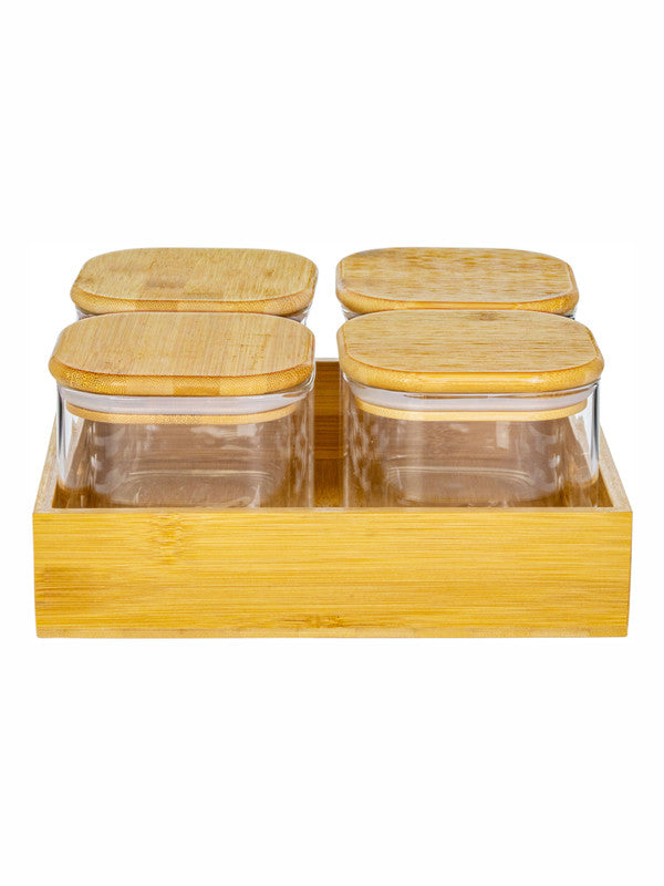 Serving Glass Jar with Wooden Lid & Tray Set of 5pcs