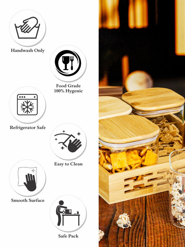 Serving Glass Jar with Wooden Lid & Tray Set of 5pcs