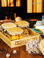 Serving Glass Jar with Wooden Lid & Tray Set of 5pcs