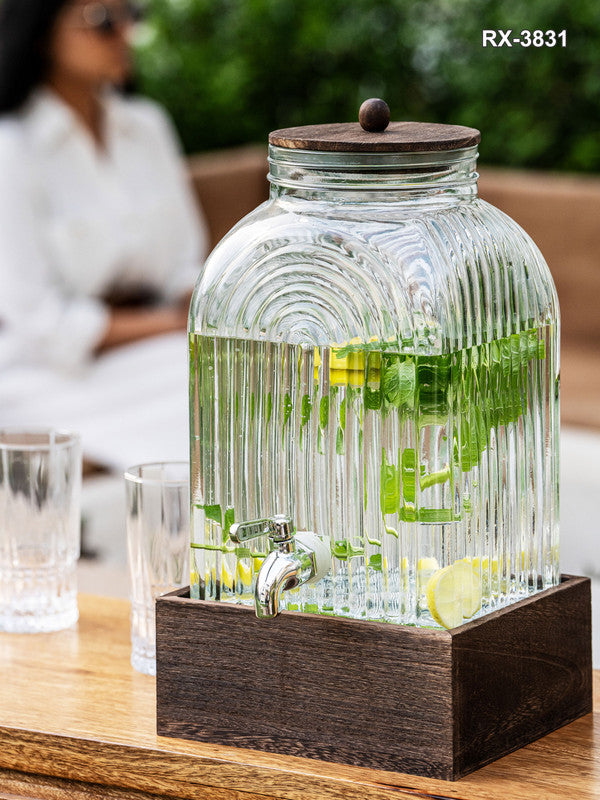 Clear Glass Amara Dispenser with Wooden Stand & Lid