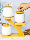 Porcelain Condiment set with Spoon & Wooden Stand (Set of 7pcs)