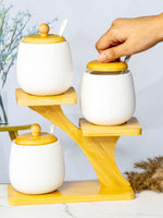 Porcelain Condiment set with Spoon & Wooden Stand (Set of 7pcs)