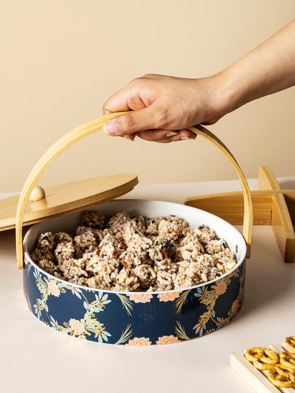 Porcelain Snack Bowl with Wooden Handle & Lid