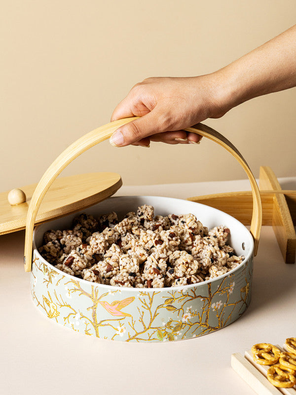 Porcelain Snack Bowl with Wooden Handle & Lid