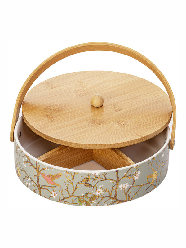 Porcelain Snack Bowl with Wooden Handle & Lid