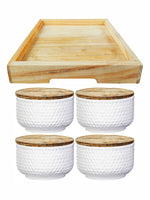 4pcs Ceramics Woody Bowl with Wooden Tray & Lid Set of 5pcs