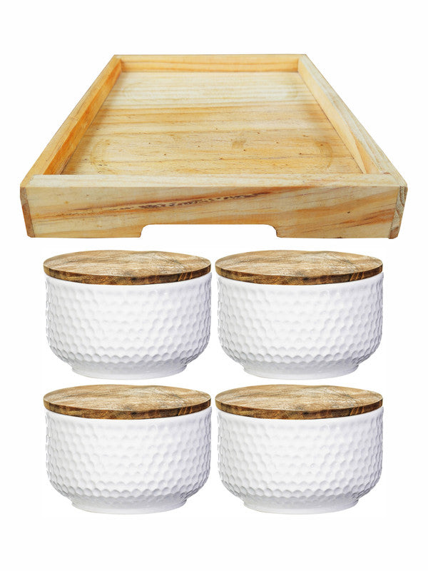 4pcs Ceramics Woody Bowl with Wooden Tray & Lid Set of 5pcs