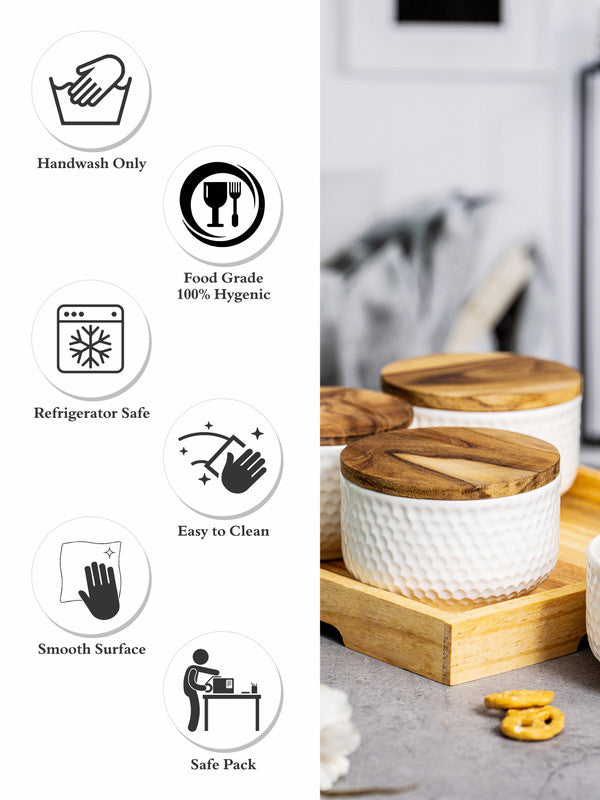 4pcs Ceramics Woody Bowl with Wooden Tray & Lid Set of 5pcs