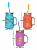 Goodhomes Color Glass Mason Mug With Metal Lid & Coloured Straw (Set Of 3Pcs)