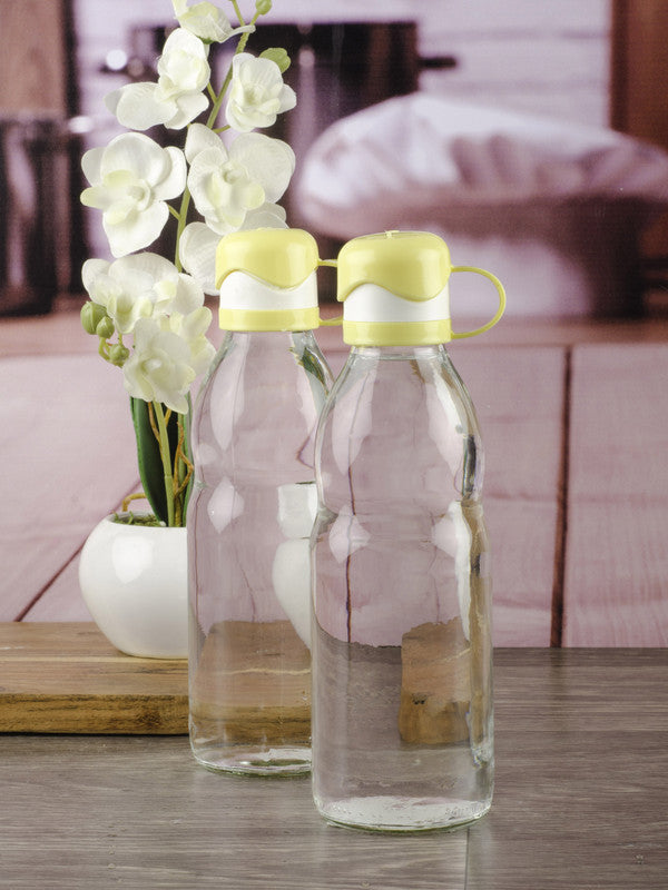 Glass Bottle with Coloured Flip Top Cap for Water, Juice (Set of 2 pcs)