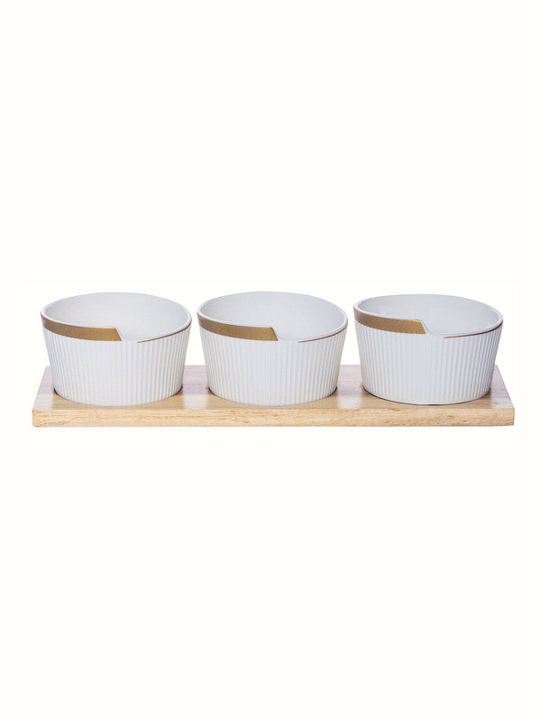 Goodhomes Porcelain Bowl with Gold Print & Wooden Tray (Set of 3pcs Bowl & 1pc Tray)