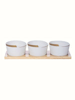 Goodhomes Porcelain Bowl with Gold Print & Wooden Tray (Set of 3pcs Bowl & 1pc Tray)