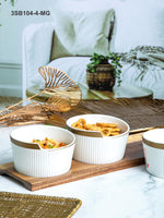 Goodhomes Porcelain Bowl with Gold Print & Wooden Tray (Set of 3pcs Bowl & 1pc Tray)