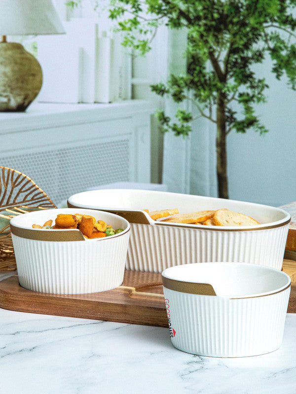 Goodhomes Porcelain Bowl with Gold Print & Wooden Tray (Set of 1pcs Rect. Bowl, 2pcs Round Bowl & 1pc Tray)