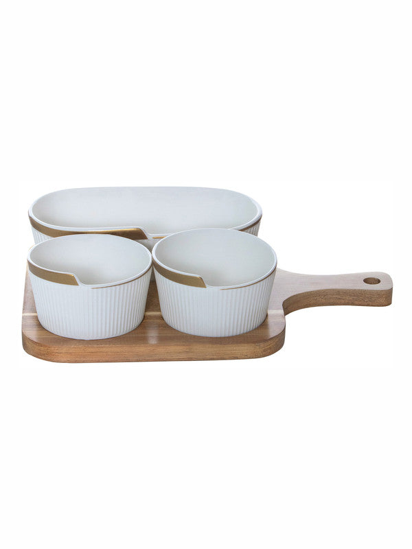 Goodhomes Porcelain Bowl with Gold Print & Wooden Tray (Set of 1pcs Rect. Bowl, 2pcs Round Bowl & 1pc Tray)