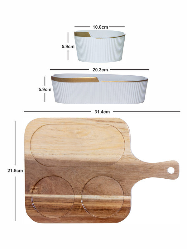 Goodhomes Porcelain Bowl with Gold Print & Wooden Tray (Set of 1pcs Rect. Bowl, 2pcs Round Bowl & 1pc Tray)