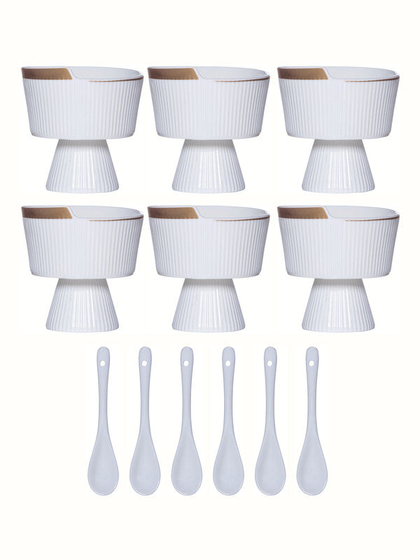 Goodhomes Porcelain Icecream Bowl with Gold Print & Spoon (Set of 6pcs Bowl & 6pcs Spoon)