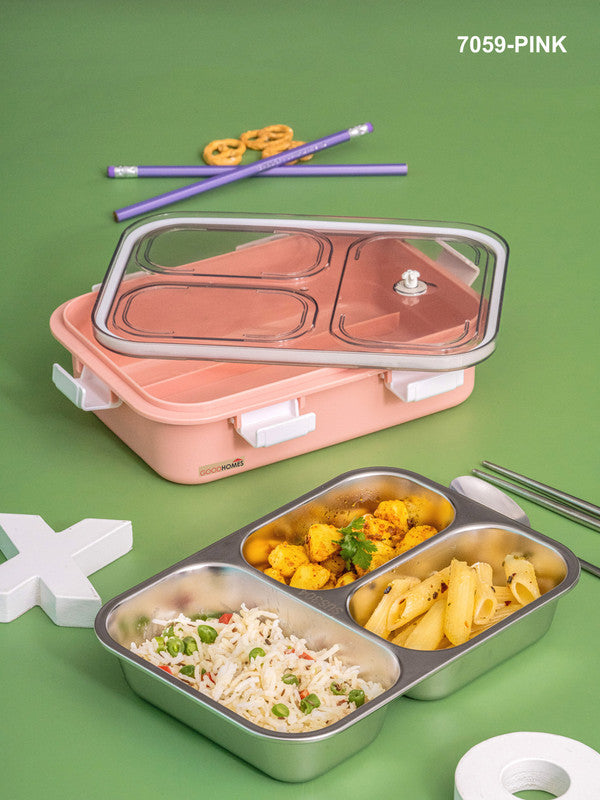 3 partition 750ml Lunch Box Stainless Steel with Spoon & Chopsticks