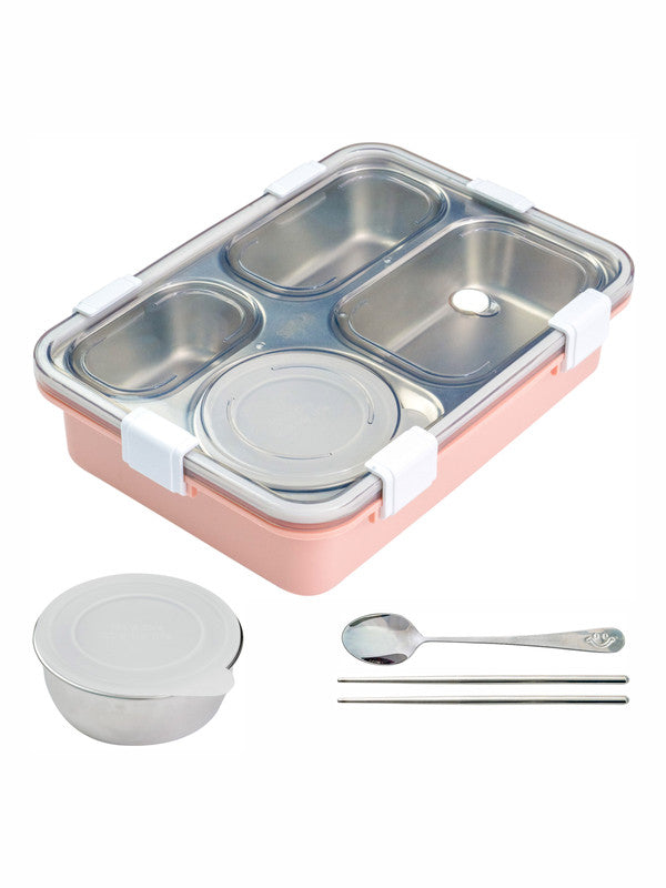 4 partition Lunch Box Stainless Steel with container, Spoon & Chopsticks